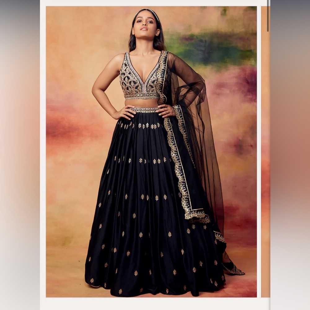 Black and Gold Embroidered Satin Lehenga - Picture 2 of 5